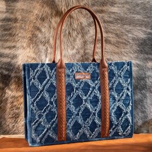 Wrangler Frayed Fringe Wide Denim Tote Bag
